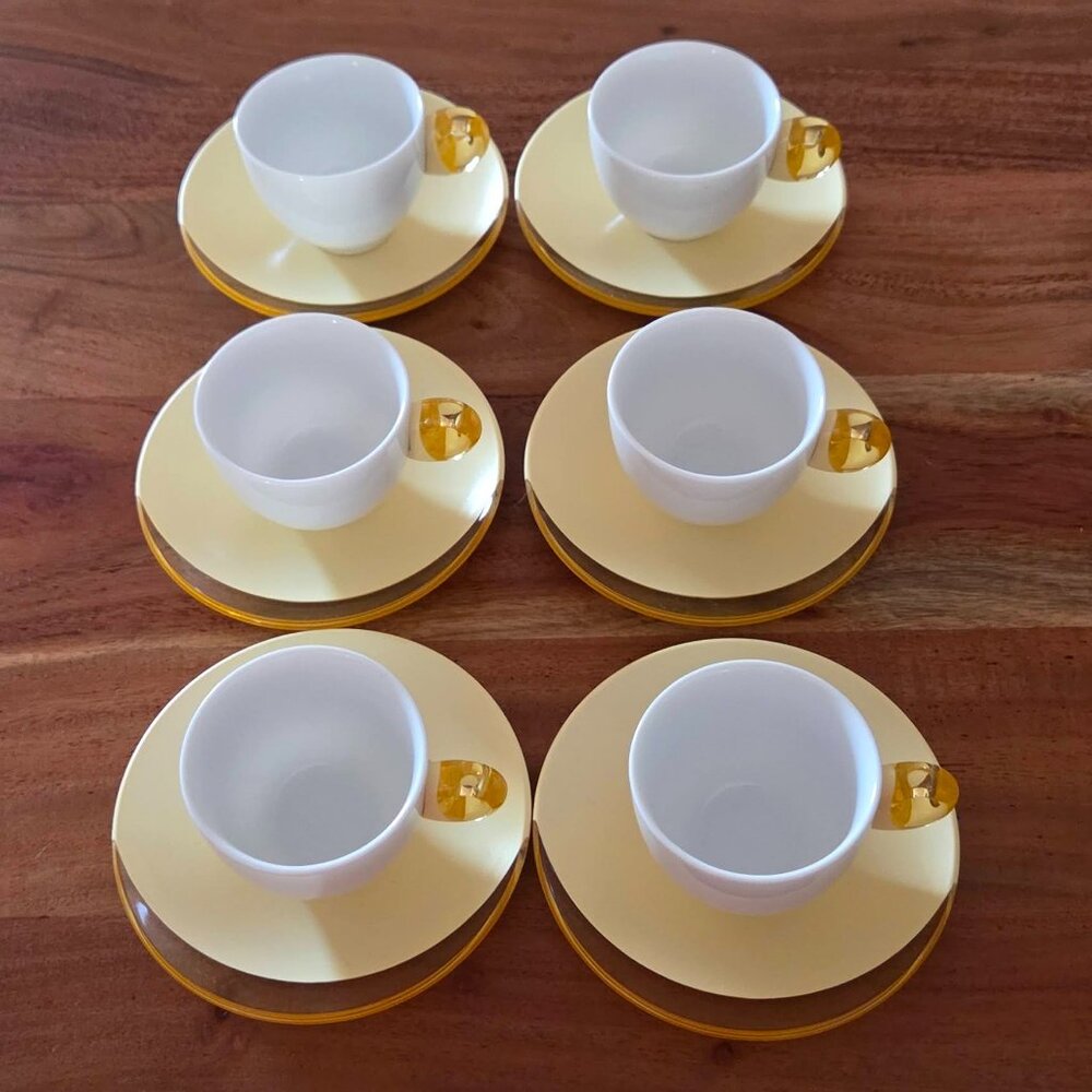 GUZZINI Italy Espresso Cup & Saucer Yellow & White Porcelain w/ Acrylic 6 Sets